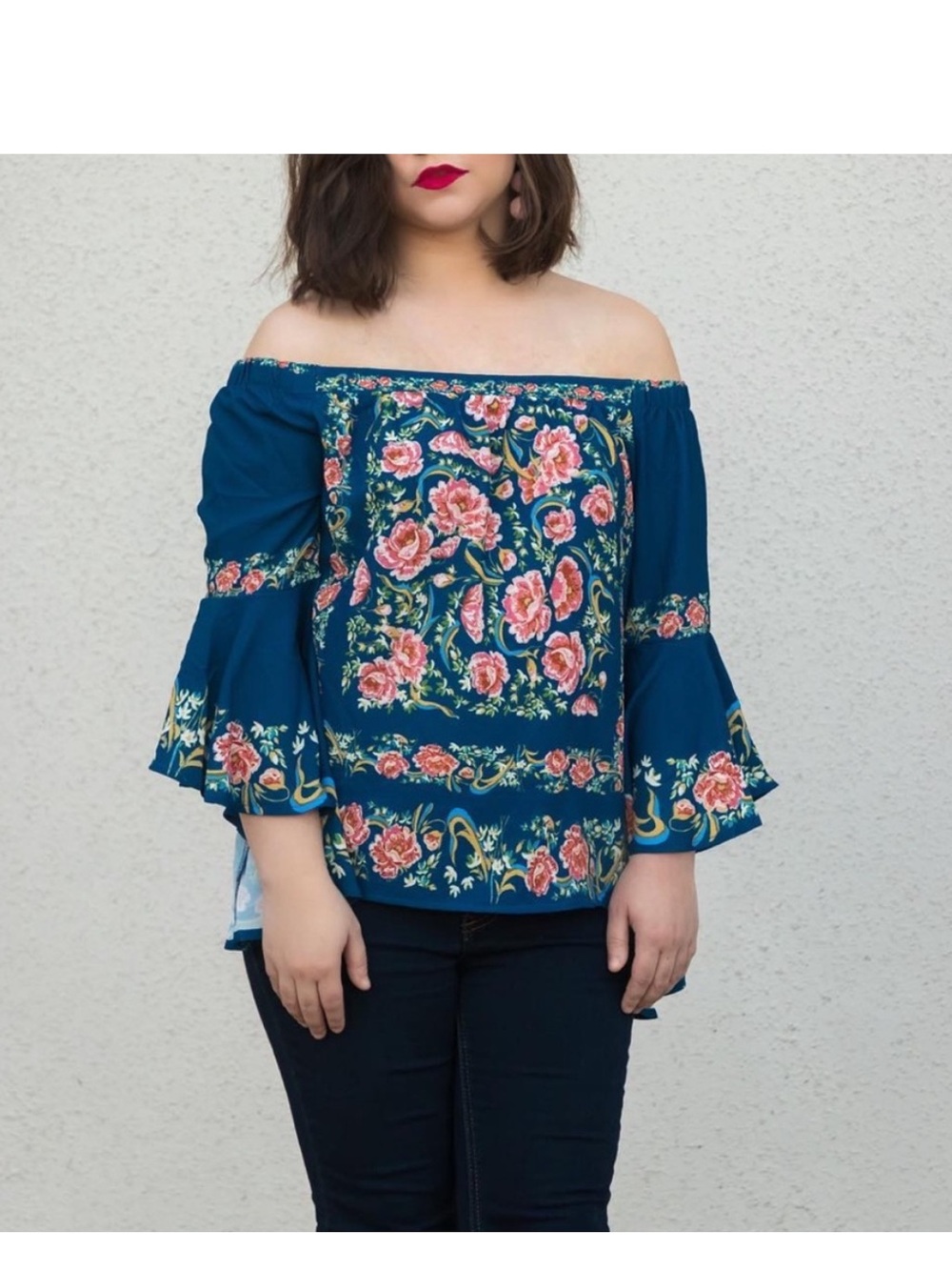 Francesca’s Blue Floral Off Shoulder Bell Sleeve Boho Top